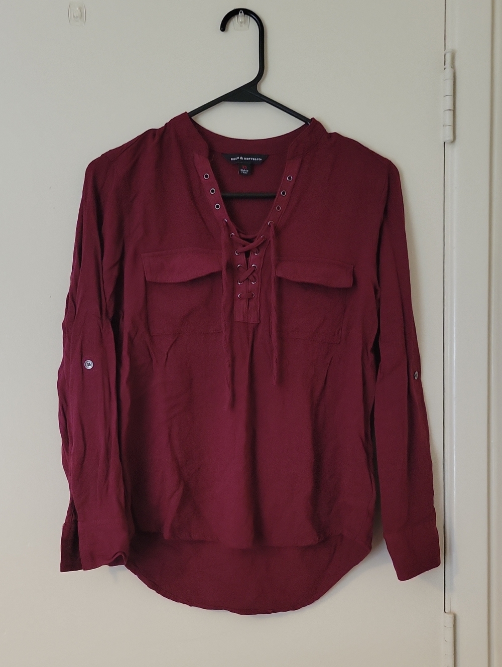 Lace-Up Pocket Front Women’s Top - Wine
